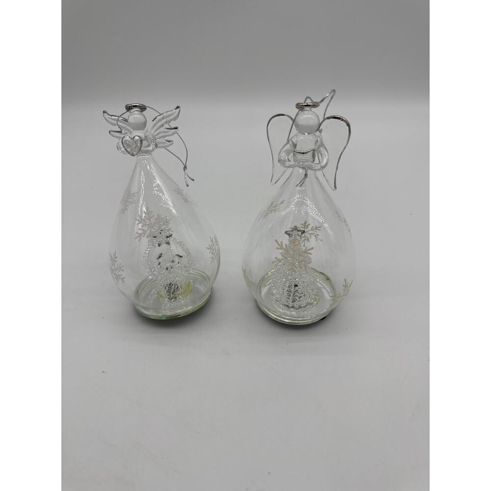 Set Of 2 Winter Lane‎ Illuminated LED Glass Ornaments-Angel- - 6 1/2" Tall